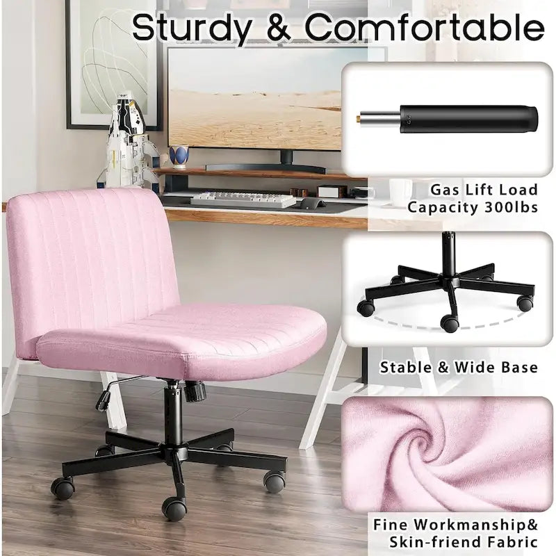 Bossin Criss Cross Chair Armless Office Desk Chair with Wheels,Fabric Padded Cross Legged Chair, Swivel Wide Seat Vanity Chair