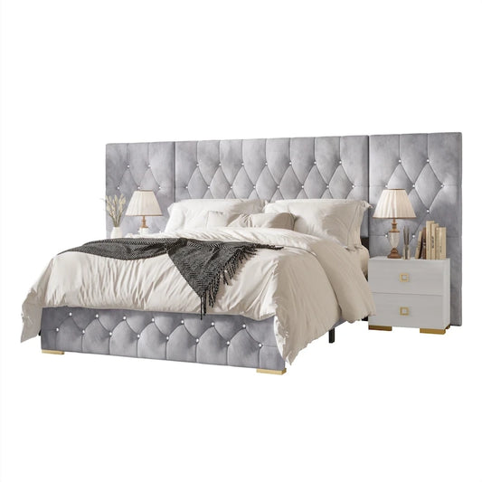 CraftPorch Luxurious Velvet Tufted Platform Bed with Wall Panels