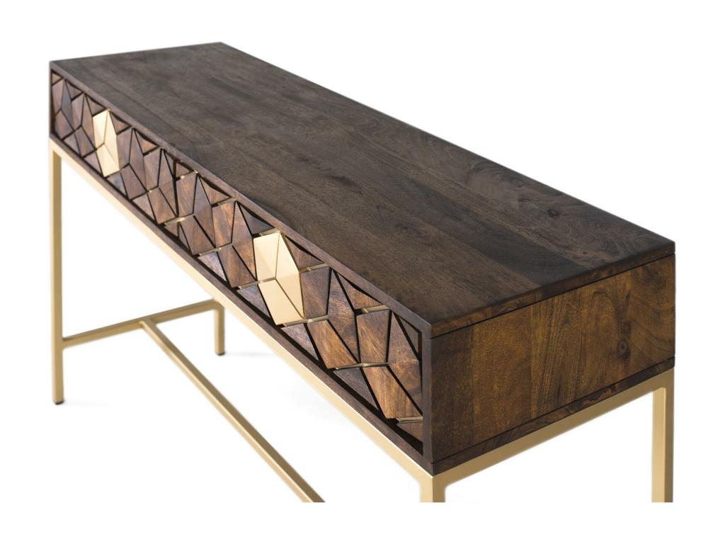 Mango wood, walnut and gold console table, unique elegance