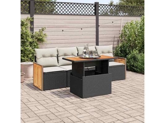 Homzora 5-piece garden furniture set with cushions, black woven resin