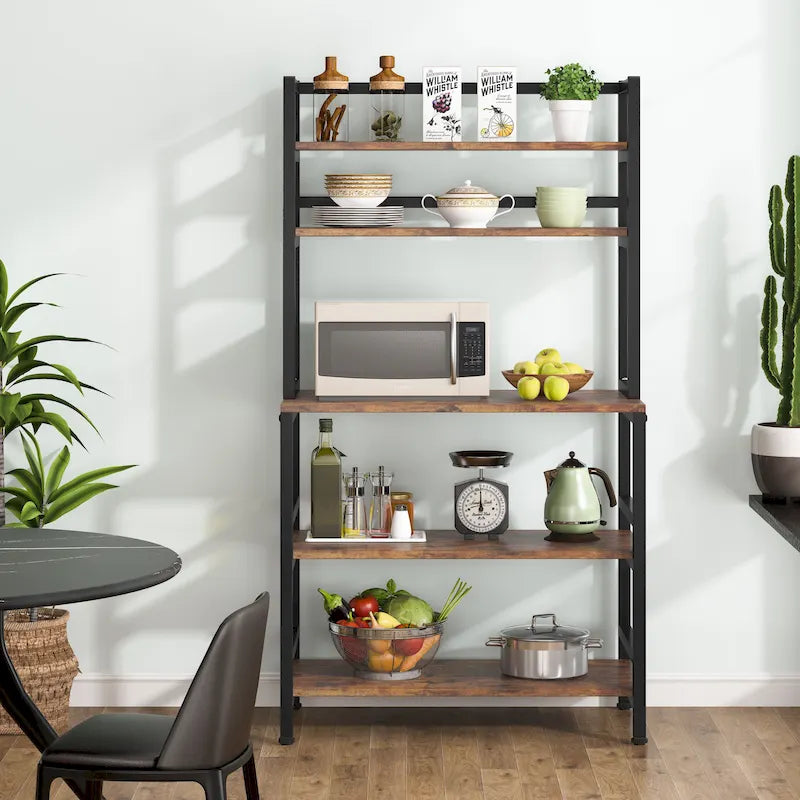 Brown/ Black Kitchen Bakers Rack Industrial Microwave Oven Stand,White 5-Tier Utility Storage Shelf,Kitchen Stand with Hutch