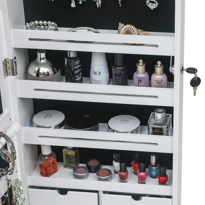 6-Drawers Wooden Wall Hanging White Jewelry Armoire Cabinet - N/A