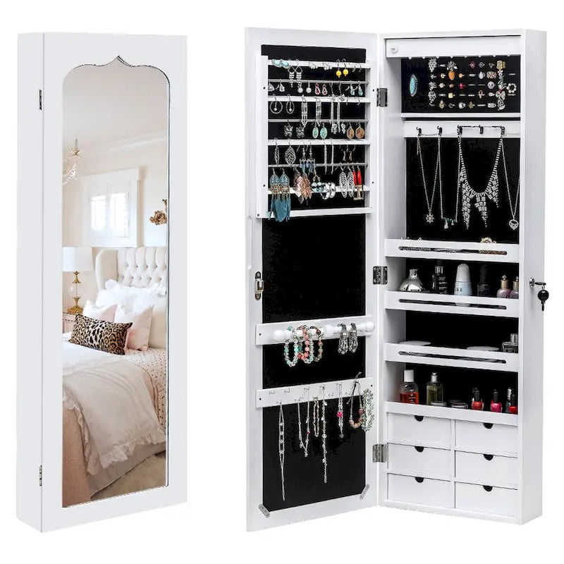6-Drawers Wooden Wall Hanging White Jewelry Armoire Cabinet - N/A