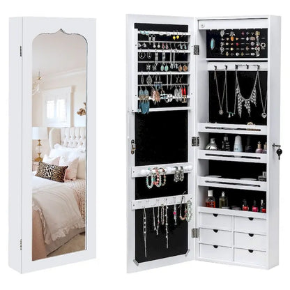 6-Drawers Wooden Wall Hanging White Jewelry Armoire Cabinet - N/A