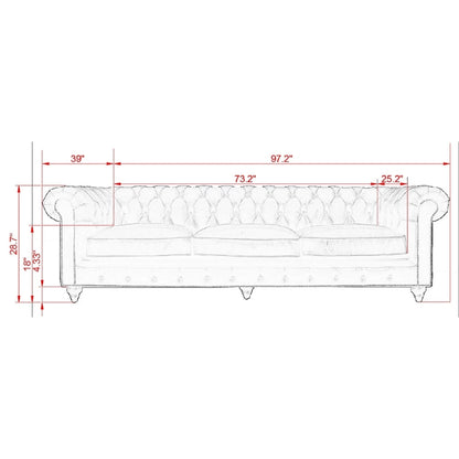 Pasargad Home Paris Club Chesterfield Tufted Sofa, Brown - 28.7 H x 97.2 W x 39 D