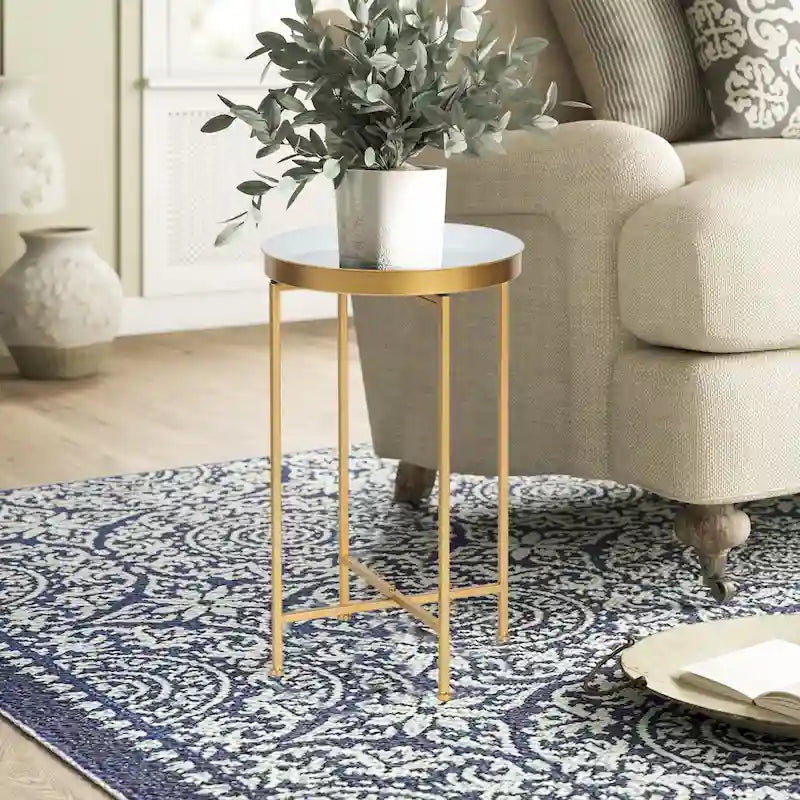 Adeco Round End Table Gold Metal Side Nightstand Accent Coffee Tables - 15(D)x 15(W)x 25.7(H)