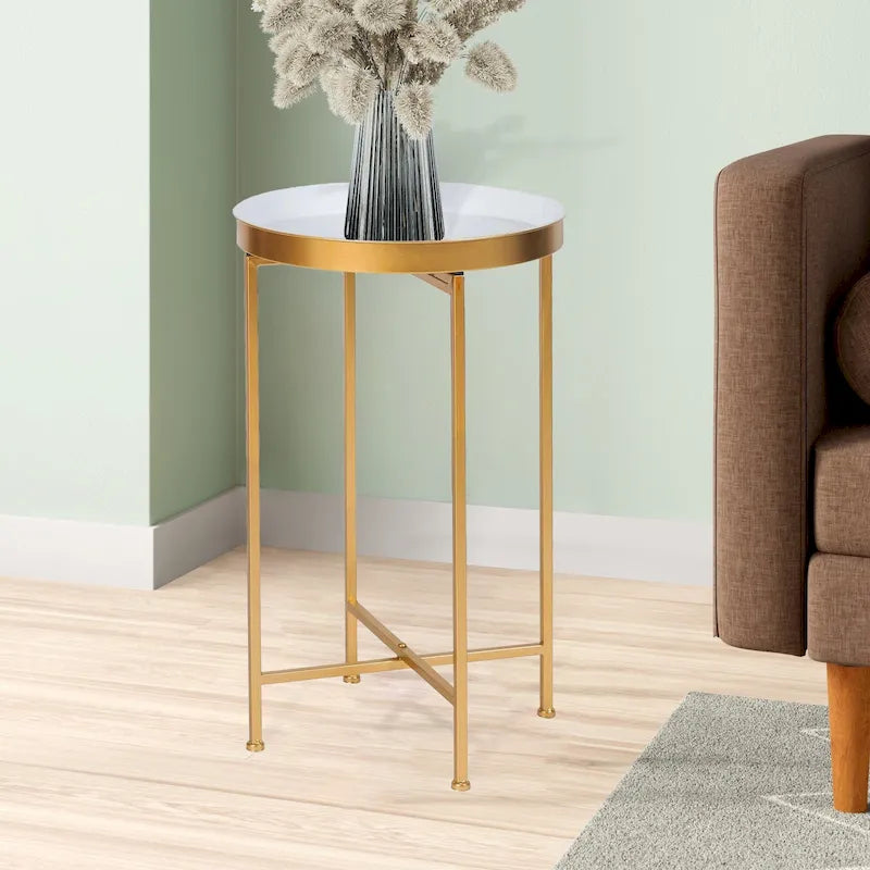Adeco Round End Table Gold Metal Side Nightstand Accent Coffee Tables - 15(D)x 15(W)x 25.7(H)