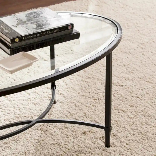 SEI Furniture Quaker Matte Black Metal Oval Coffee Table with Glass Top