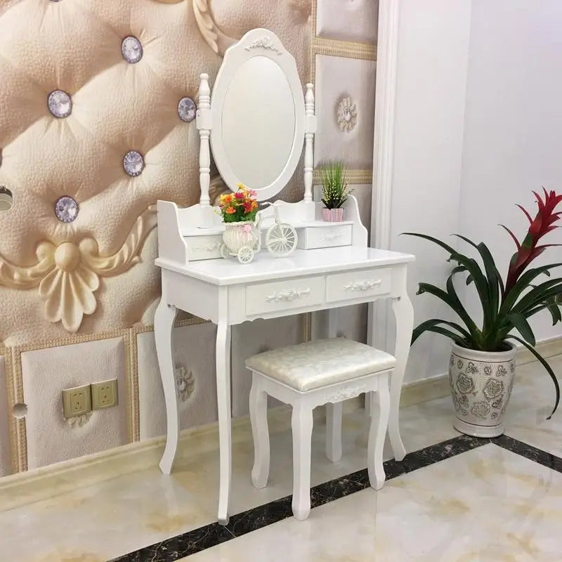Rotation White Mirror Dressing Vanity Table Makeup Desk with Stool - (29.52 x 15.75 x 56.1)