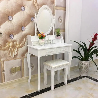 Rotation White Mirror Dressing Vanity Table Makeup Desk with Stool - (29.52 x 15.75 x 56.1)