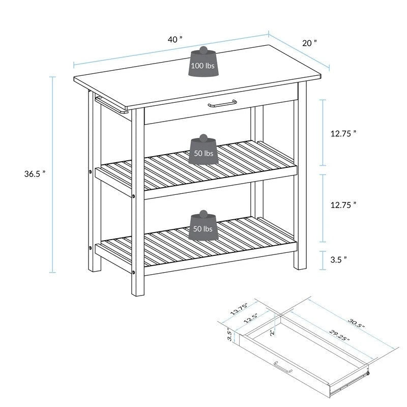 2-shelf Natural Solid Wood Top Kitchen Island - N/A