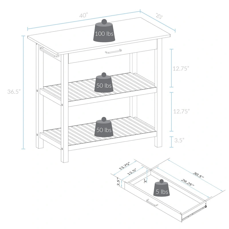 2-shelf Natural Solid Wood Top Kitchen Island - N/A