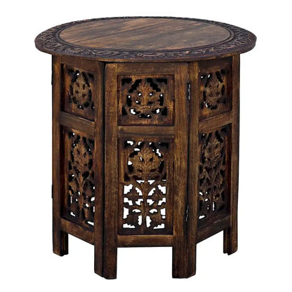 18 Inch Mango Wood Folding Accent Table, Hand Carved, Walnut Brown