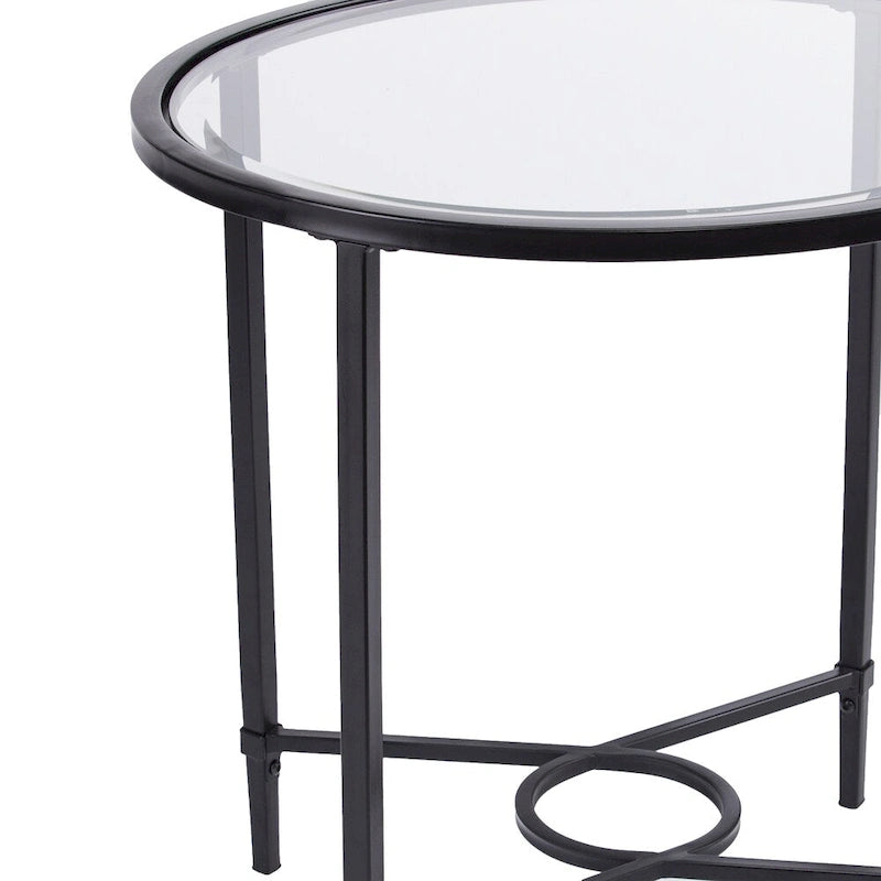 SEI Furniture Quaker Metal Scrollwork Oval Side Table with Beveled Tempered Glass