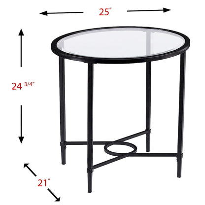 SEI Furniture Quaker Metal Scrollwork Oval Side Table with Beveled Tempered Glass
