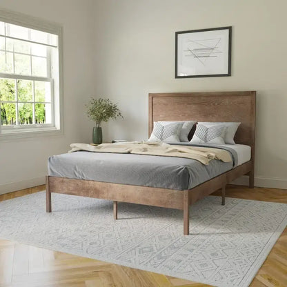 Solid Wood Platform Bed with Headboard and Wooden Slats