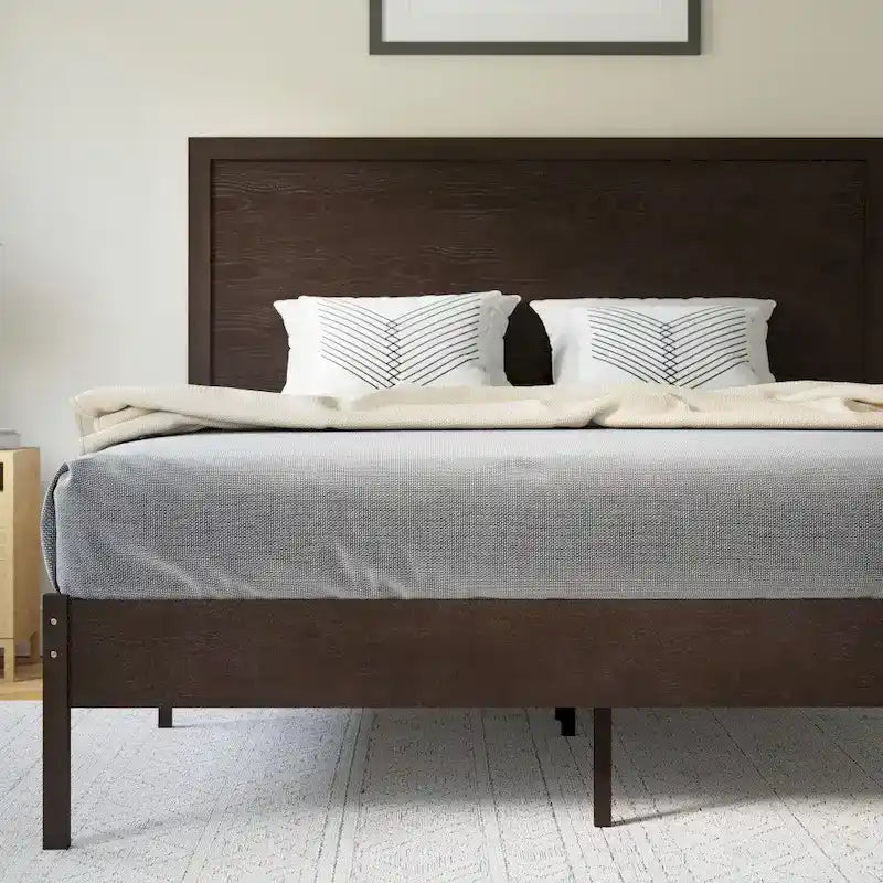 Solid Wood Platform Bed with Headboard and Wooden Slats