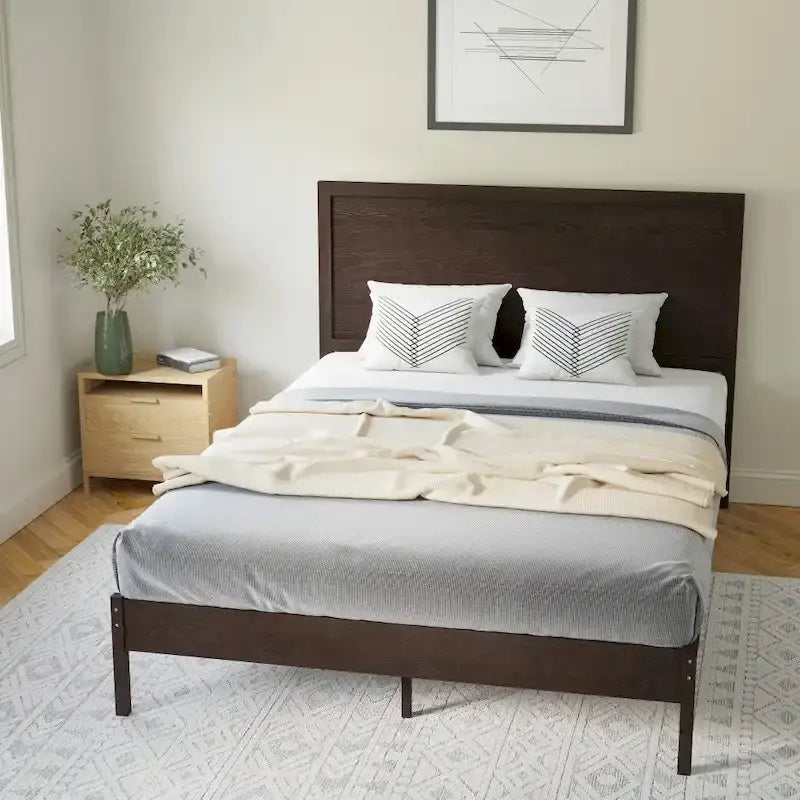 Solid Wood Platform Bed with Headboard and Wooden Slats