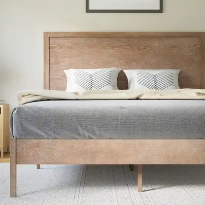 Solid Wood Platform Bed with Headboard and Wooden Slats