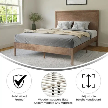 Solid Wood Platform Bed with Headboard and Wooden Slats