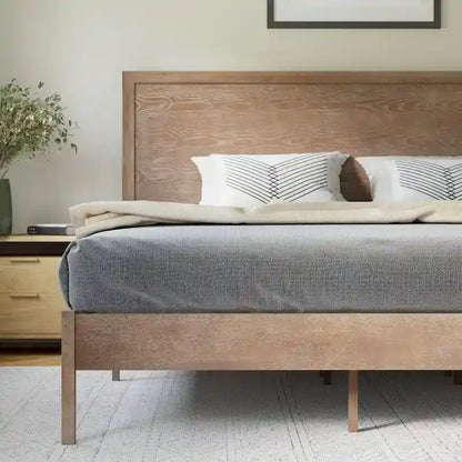 Solid Wood Platform Bed with Headboard and Wooden Slats