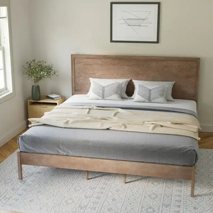 Solid Wood Platform Bed with Headboard and Wooden Slats