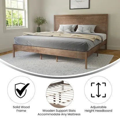 Solid Wood Platform Bed with Headboard and Wooden Slats