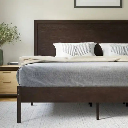 Solid Wood Platform Bed with Headboard and Wooden Slats