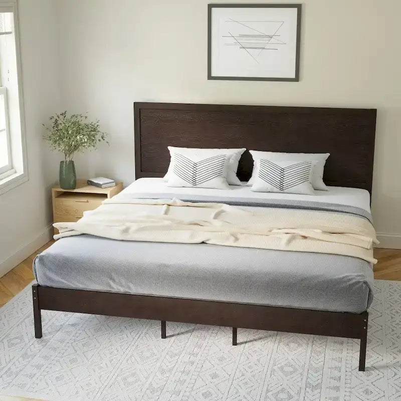Solid Wood Platform Bed with Headboard and Wooden Slats