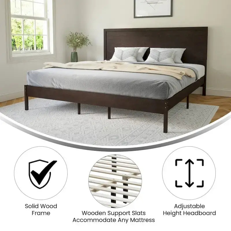 Solid Wood Platform Bed with Headboard and Wooden Slats