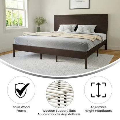 Solid Wood Platform Bed with Headboard and Wooden Slats