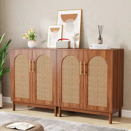 Set of 2 Rattan Sideboard, 59 Inch Buffet Cabinet with Doors, Accent Cabinet