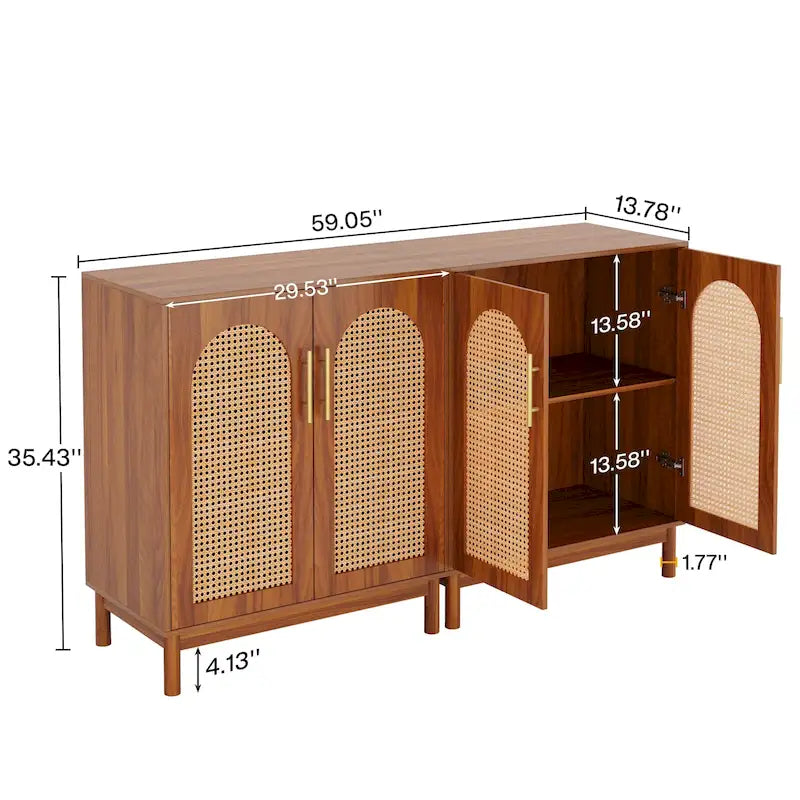 Set of 2 Rattan Sideboard, 59 Inch Buffet Cabinet with Doors, Accent Cabinet