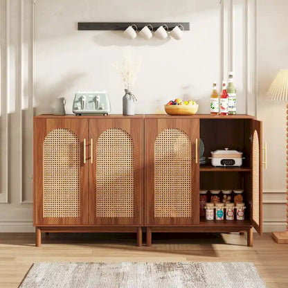 Set of 2 Rattan Sideboard, 59 Inch Buffet Cabinet with Doors, Accent Cabinet