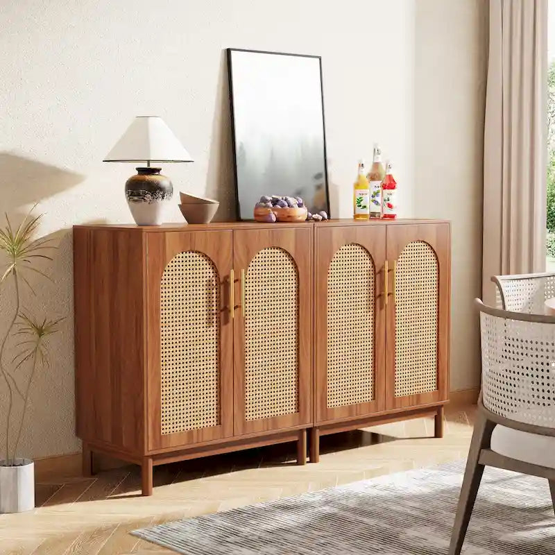 Set of 2 Rattan Sideboard, 59 Inch Buffet Cabinet with Doors, Accent Cabinet
