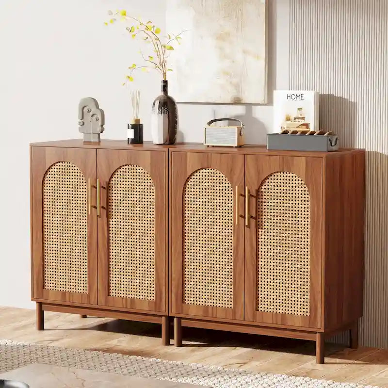 Set of 2 Rattan Sideboard, 59 Inch Buffet Cabinet with Doors, Accent Cabinet