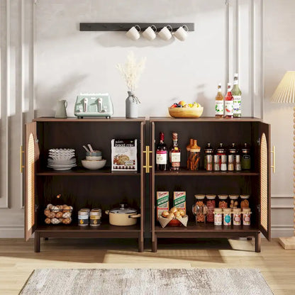 Set of 2 Rattan Sideboard, 59 Inch Buffet Cabinet with Doors, Accent Cabinet