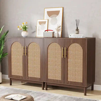 Set of 2 Rattan Sideboard, 59 Inch Buffet Cabinet with Doors, Accent Cabinet