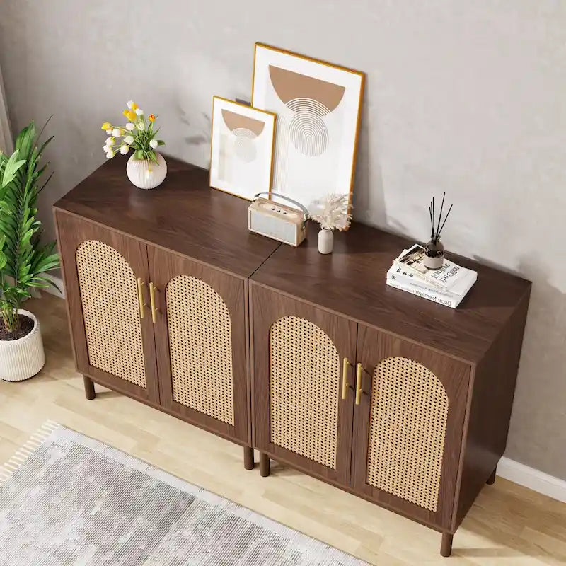 Set of 2 Rattan Sideboard, 59 Inch Buffet Cabinet with Doors, Accent Cabinet