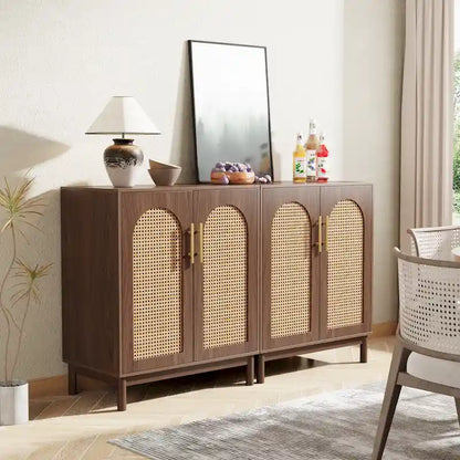 Set of 2 Rattan Sideboard, 59 Inch Buffet Cabinet with Doors, Accent Cabinet