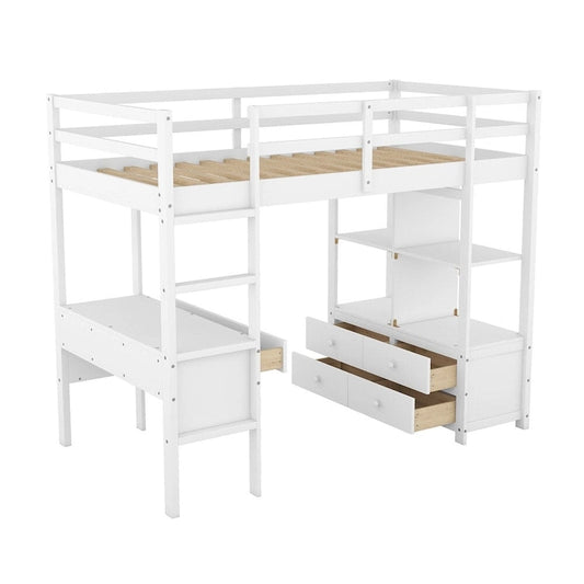 Merax Loft Bed with Built-in Desk, Storage Shelves and Drawers
