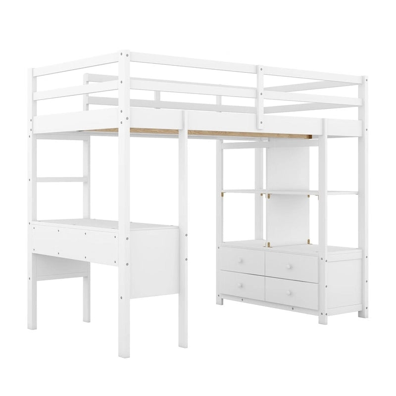 Merax Loft Bed with Built-in Desk, Storage Shelves and Drawers