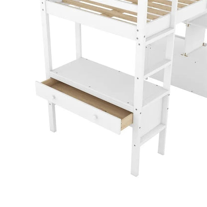 Merax Loft Bed with Built-in Desk, Storage Shelves and Drawers