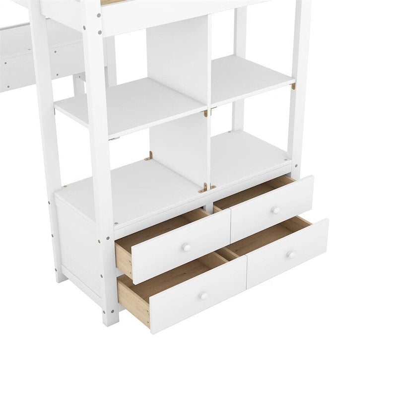 Merax Loft Bed with Built-in Desk, Storage Shelves and Drawers