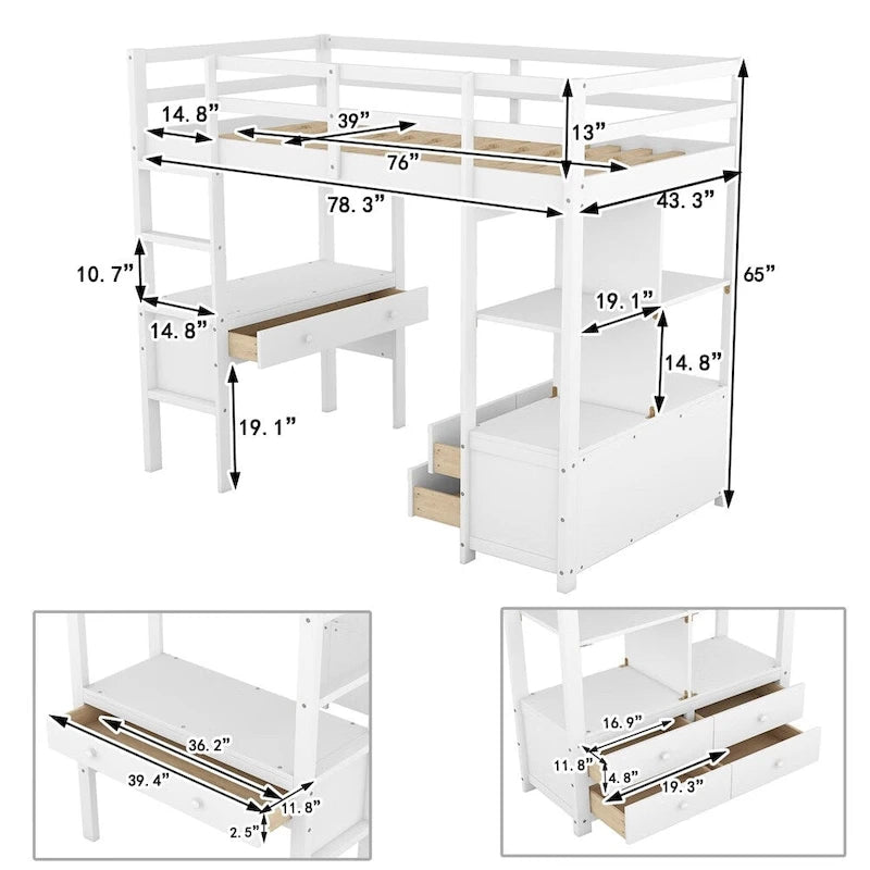 Merax Loft Bed with Built-in Desk, Storage Shelves and Drawers