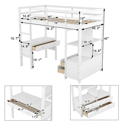 Merax Loft Bed with Built-in Desk, Storage Shelves and Drawers