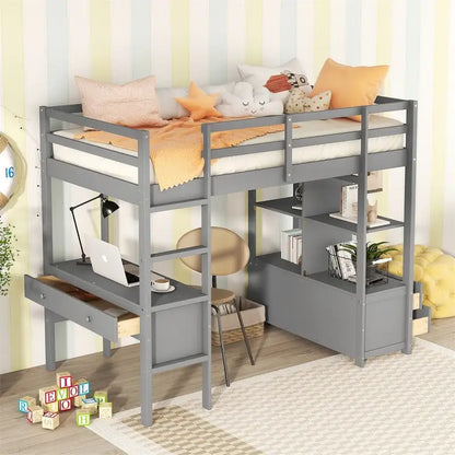 Merax Loft Bed with Built-in Desk, Storage Shelves and Drawers
