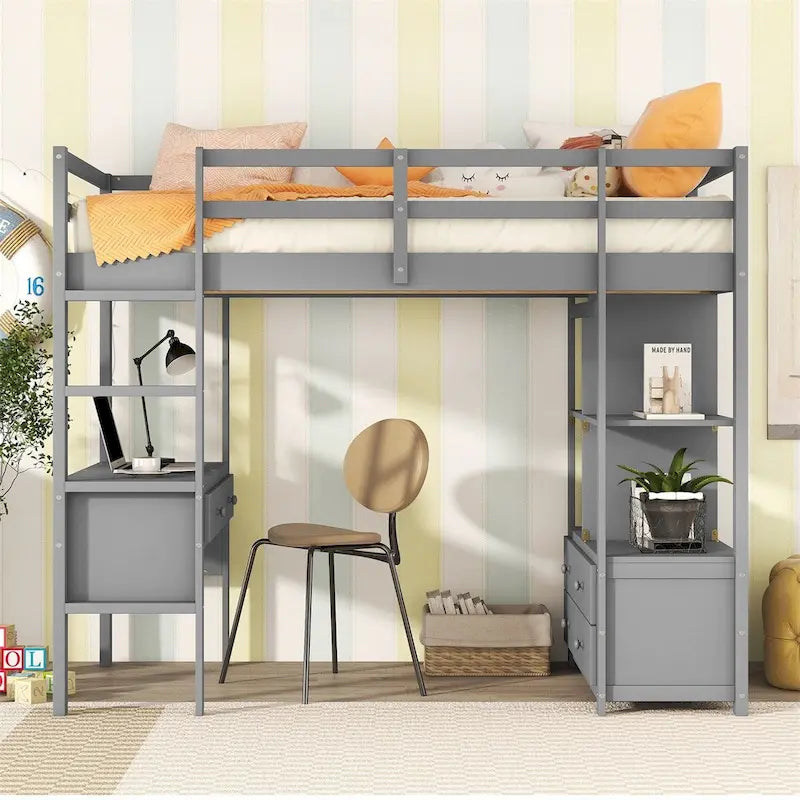 Merax Loft Bed with Built-in Desk, Storage Shelves and Drawers