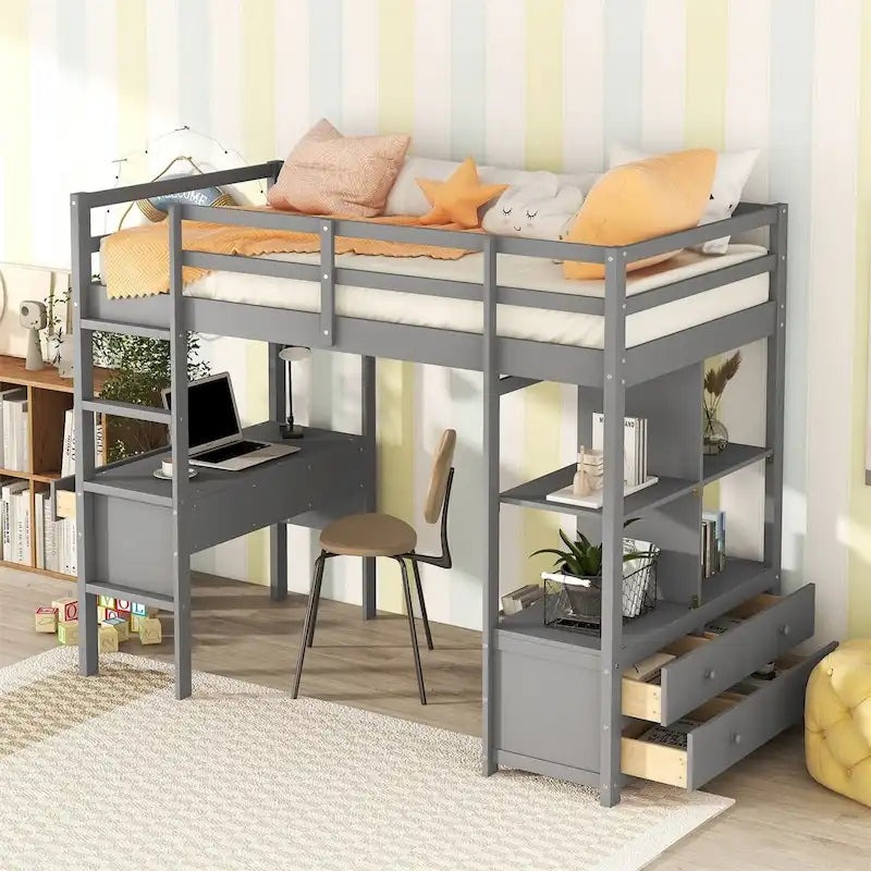 Merax Loft Bed with Built-in Desk, Storage Shelves and Drawers