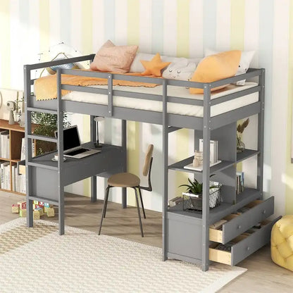Merax Loft Bed with Built-in Desk, Storage Shelves and Drawers